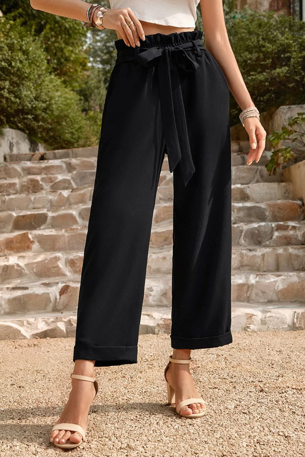 Belted Paperbag Waist Straight Leg Pants