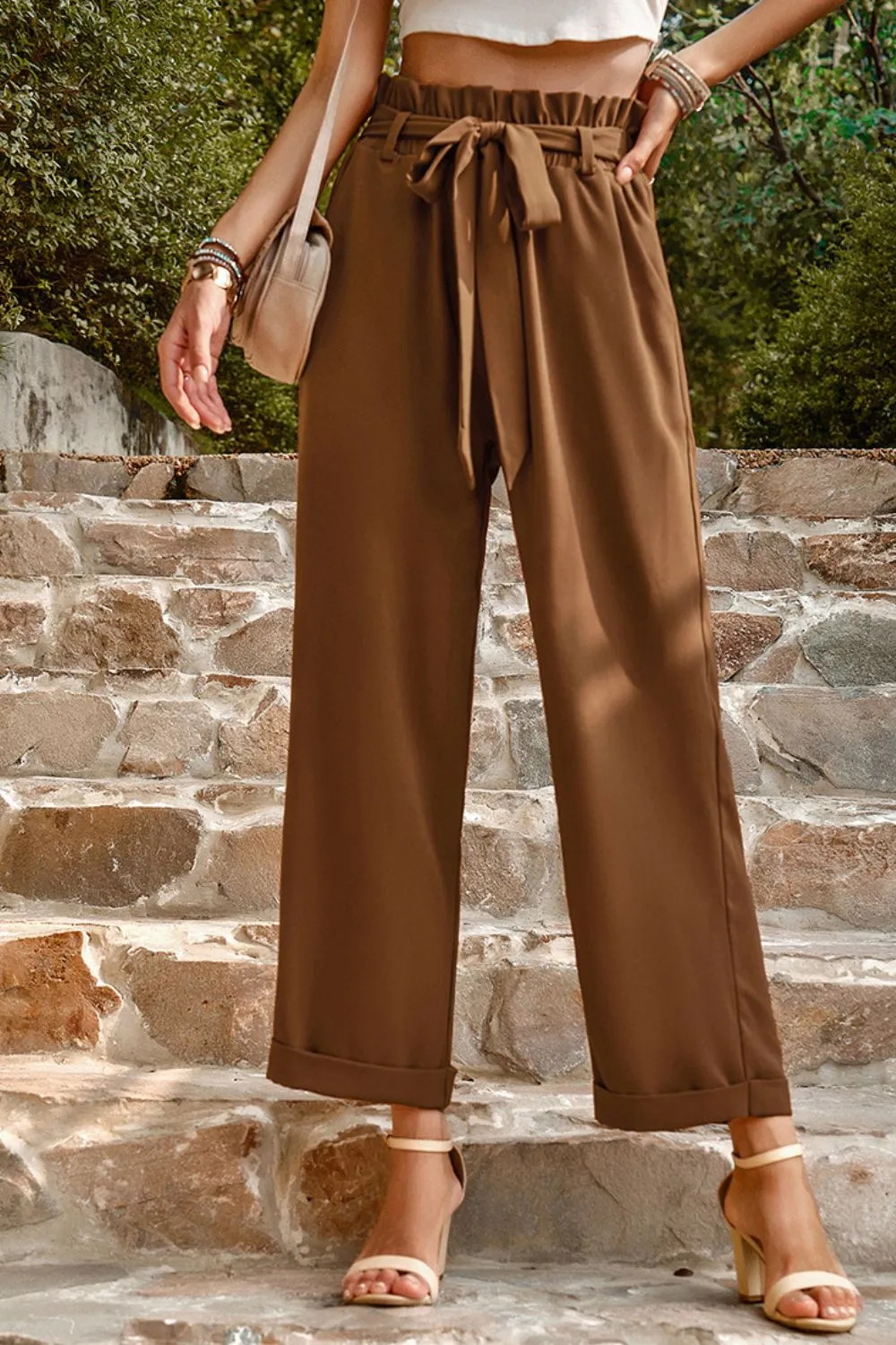 Belted Paperbag Waist Straight Leg Pants