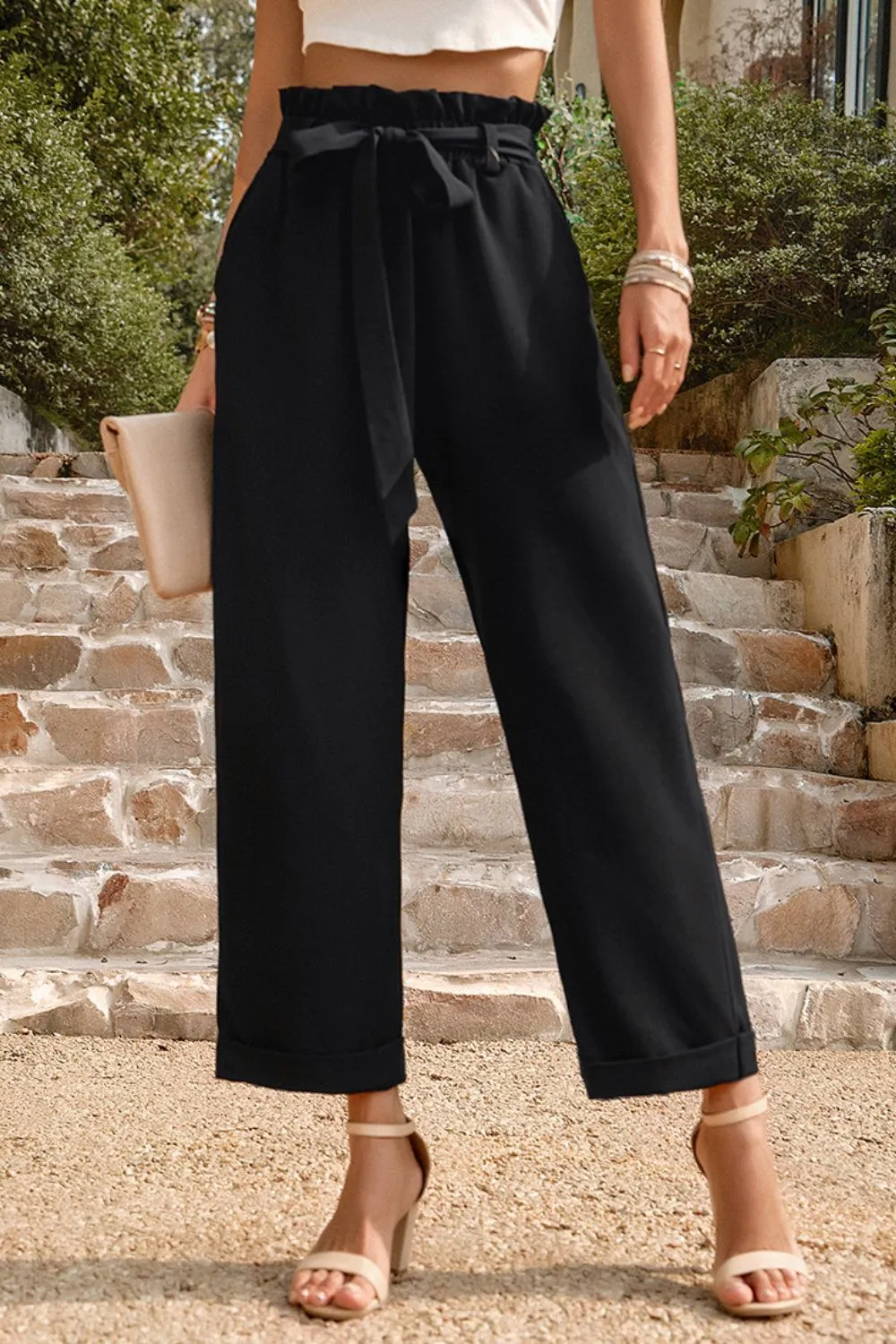 Belted Paperbag Waist Straight Leg Pants