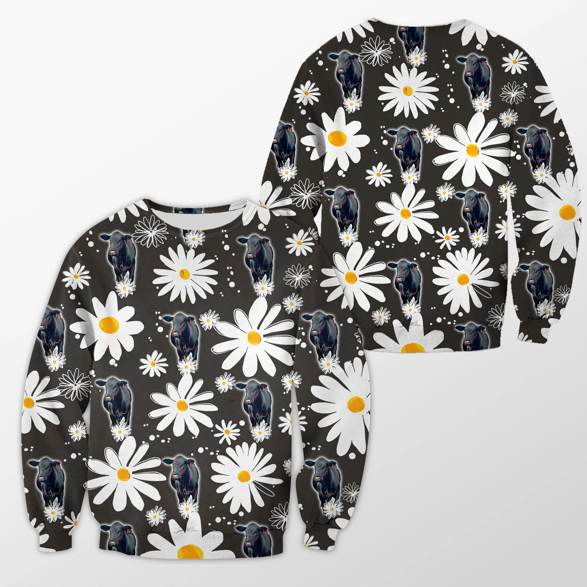 Black Angus Daisy Flower Pattern 3D Crewneck Sweatshirt, Christmas Gift for Cow Lovers