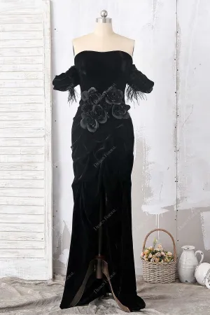 Black Feather Off-the-shoulder Slit Prom Dress