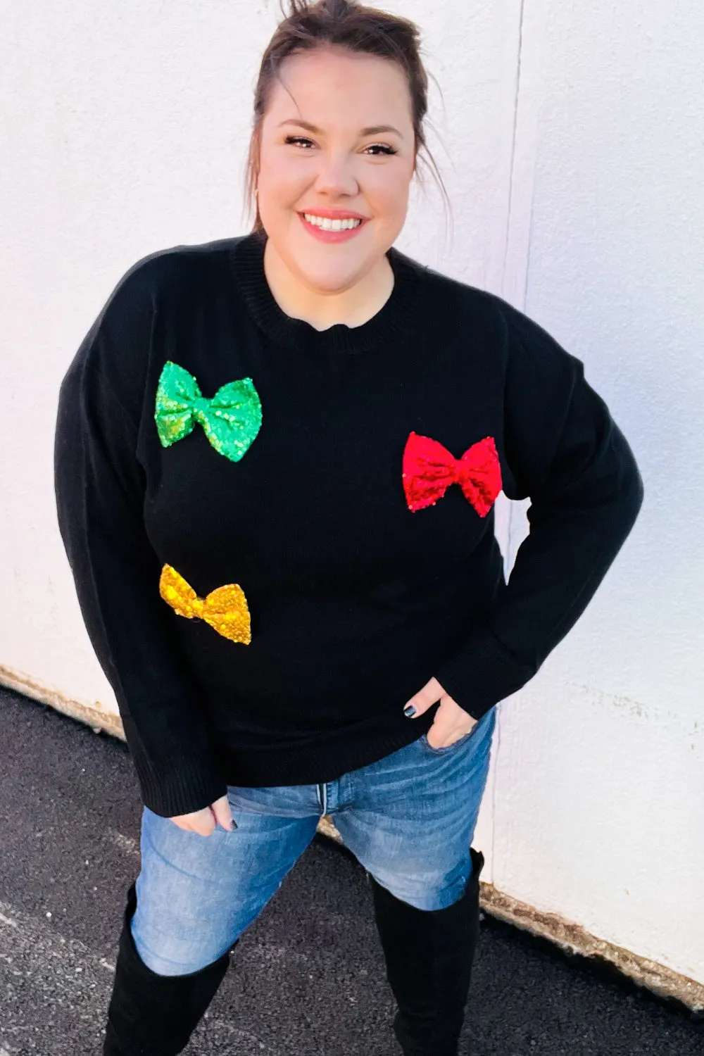 Black Multicolor Sequin Bow Knit Sweater