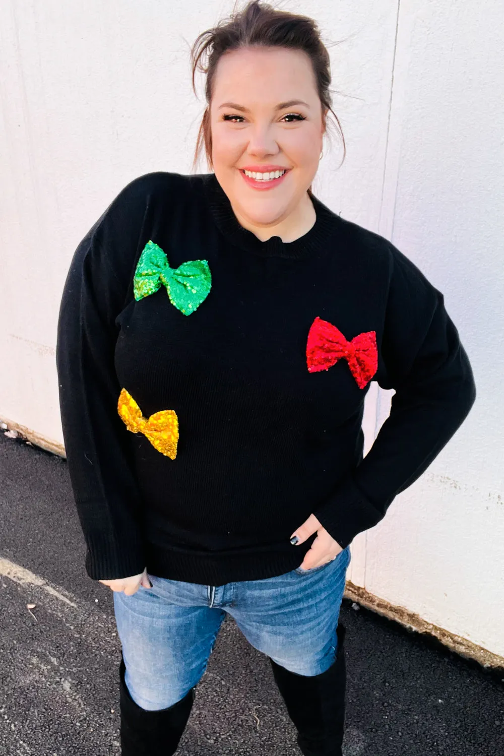 Black Multicolor Sequin Bow Knit Sweater