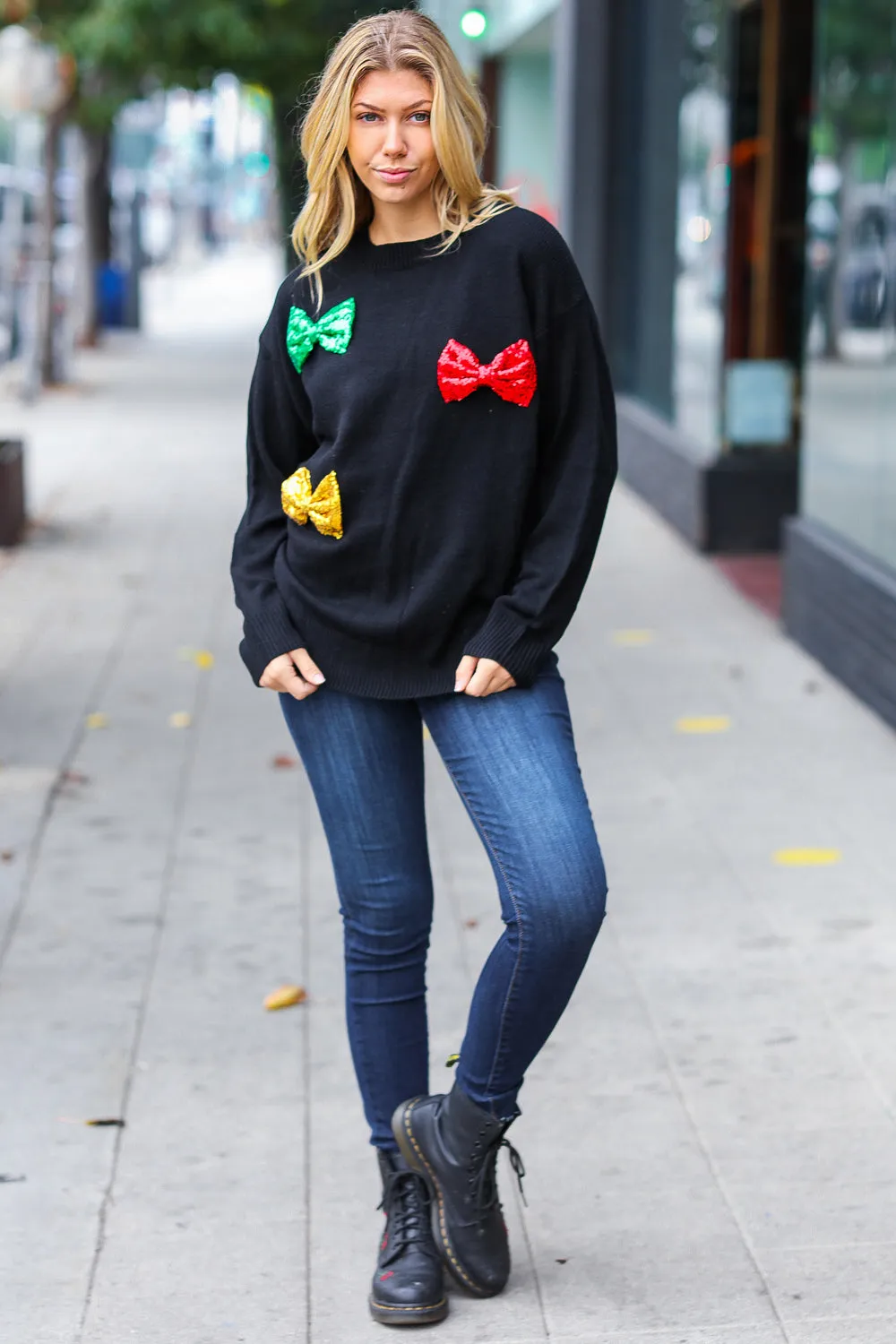 Black Multicolor Sequin Bow Knit Sweater