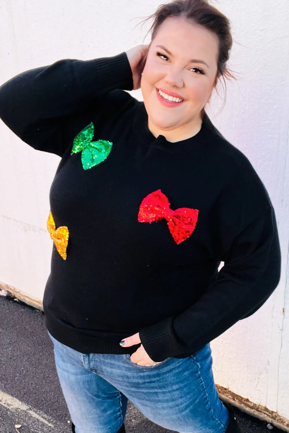 Black Multicolor Sequin Bow Knit Sweater