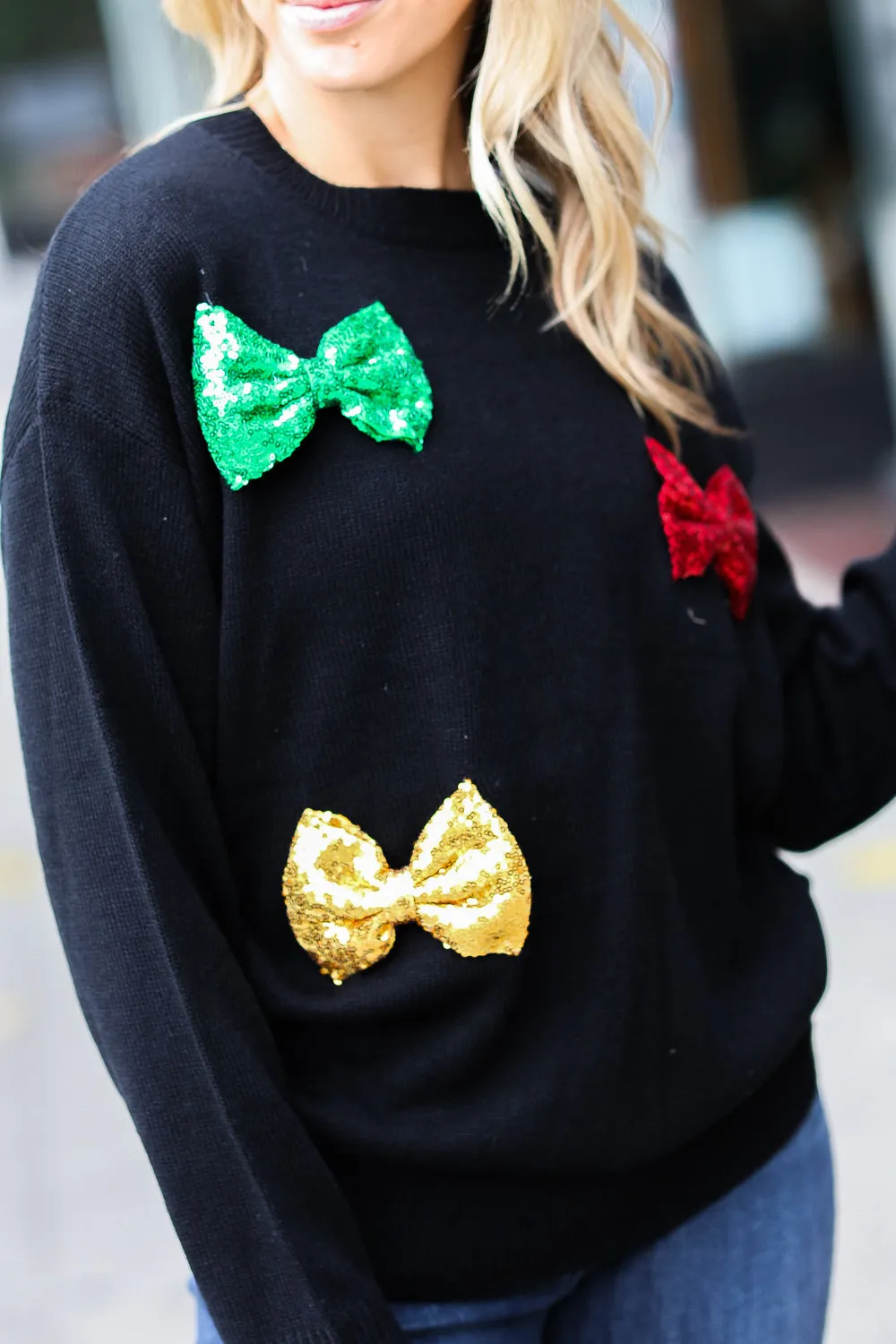 Black Multicolor Sequin Bow Knit Sweater