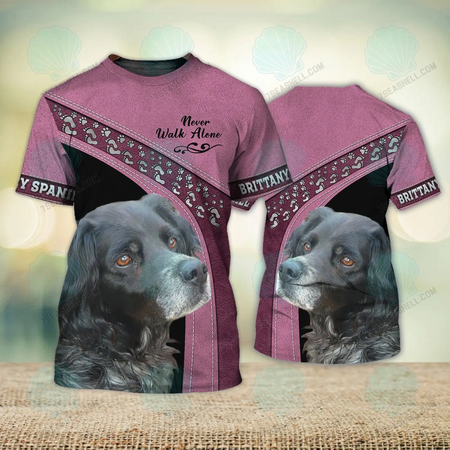 Brittany Spaniel Black Pink Love Never Walk Alone 3D Full Print Shirts, Dog Memorial Gifts for loss of Dog, Christmas Shirt for Dog Lovers