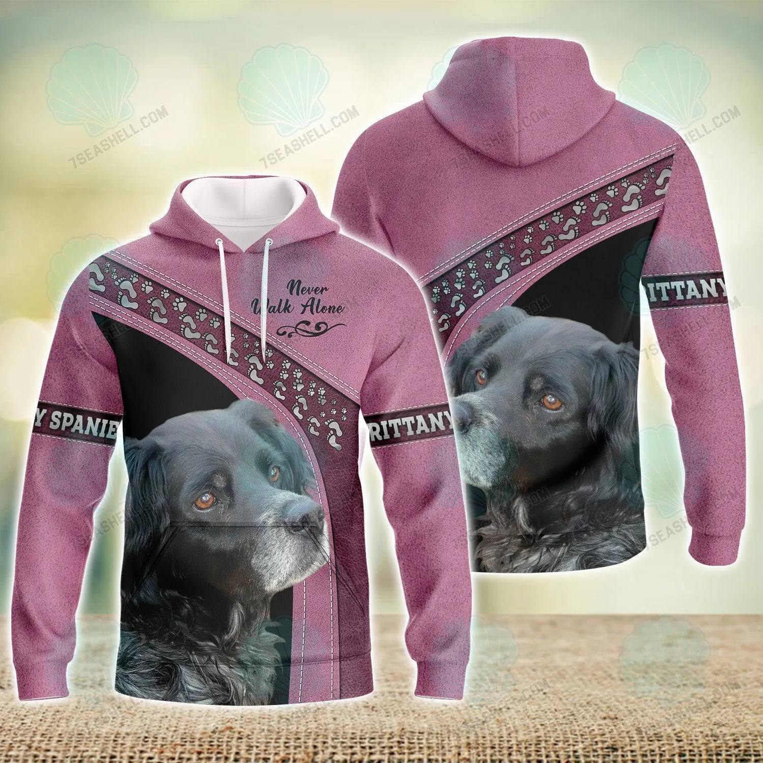 Brittany Spaniel Black Pink Love Never Walk Alone 3D Full Print Shirts, Dog Memorial Gifts for loss of Dog, Christmas Shirt for Dog Lovers