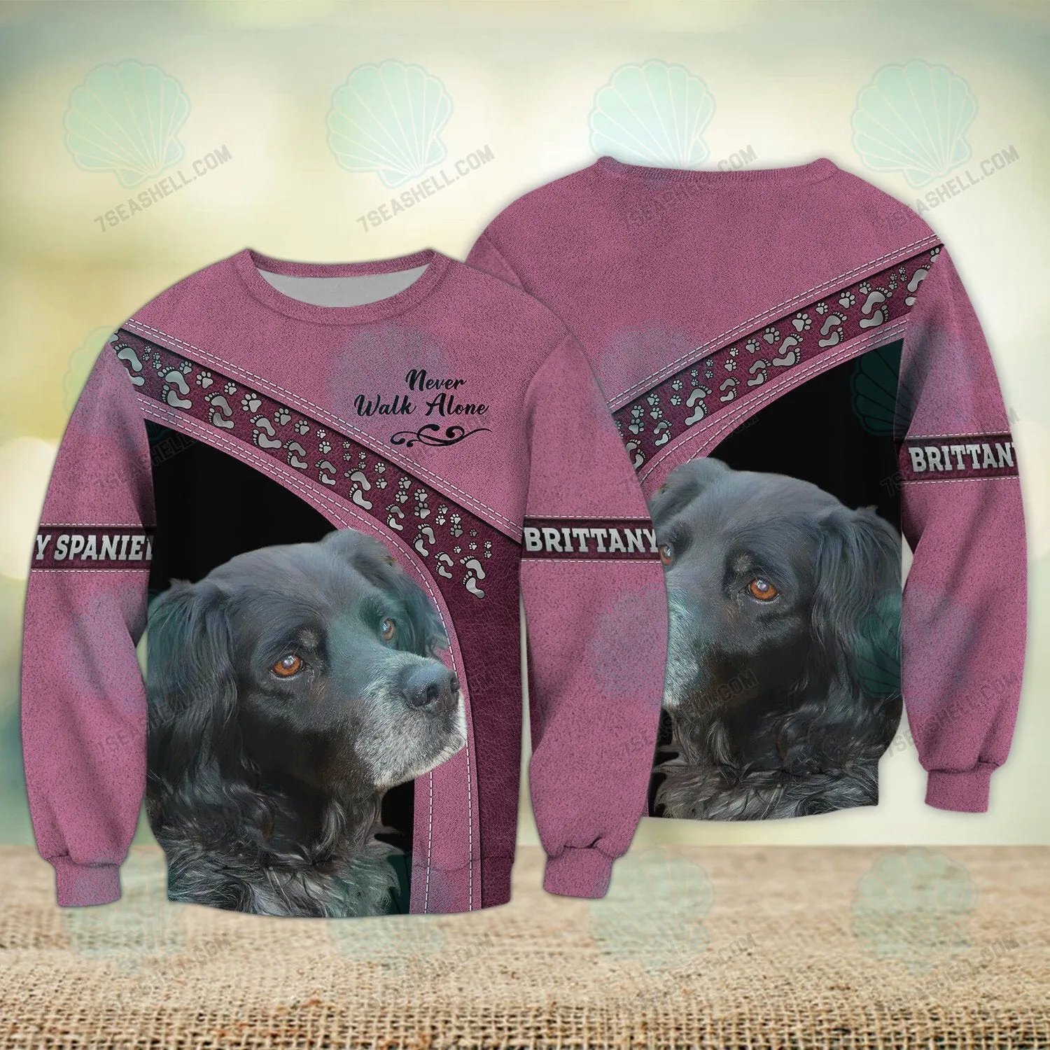 Brittany Spaniel Black Pink Love Never Walk Alone 3D Full Print Shirts, Dog Memorial Gifts for loss of Dog, Christmas Shirt for Dog Lovers