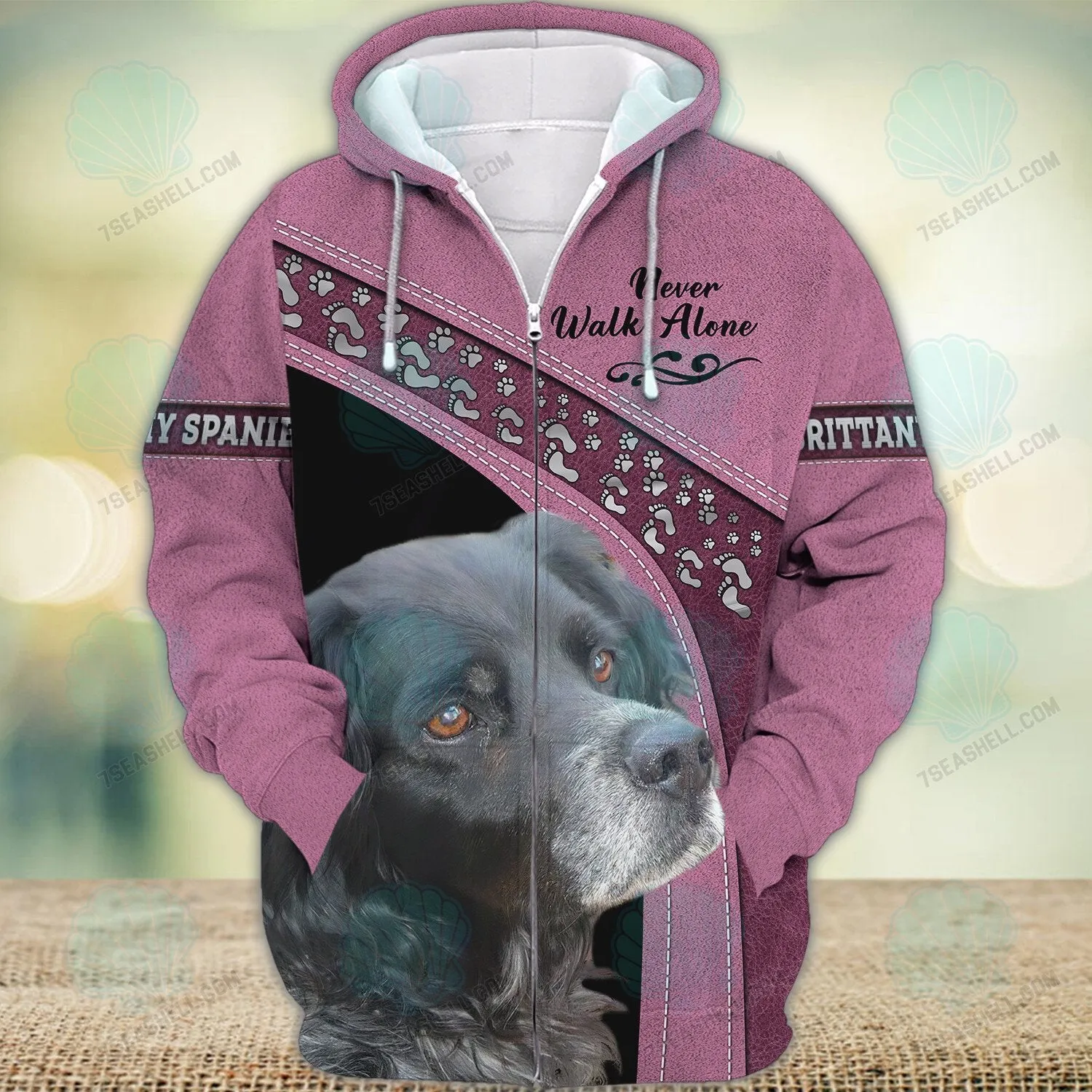 Brittany Spaniel Black Pink Love Never Walk Alone 3D Full Print Shirts, Dog Memorial Gifts for loss of Dog, Christmas Shirt for Dog Lovers