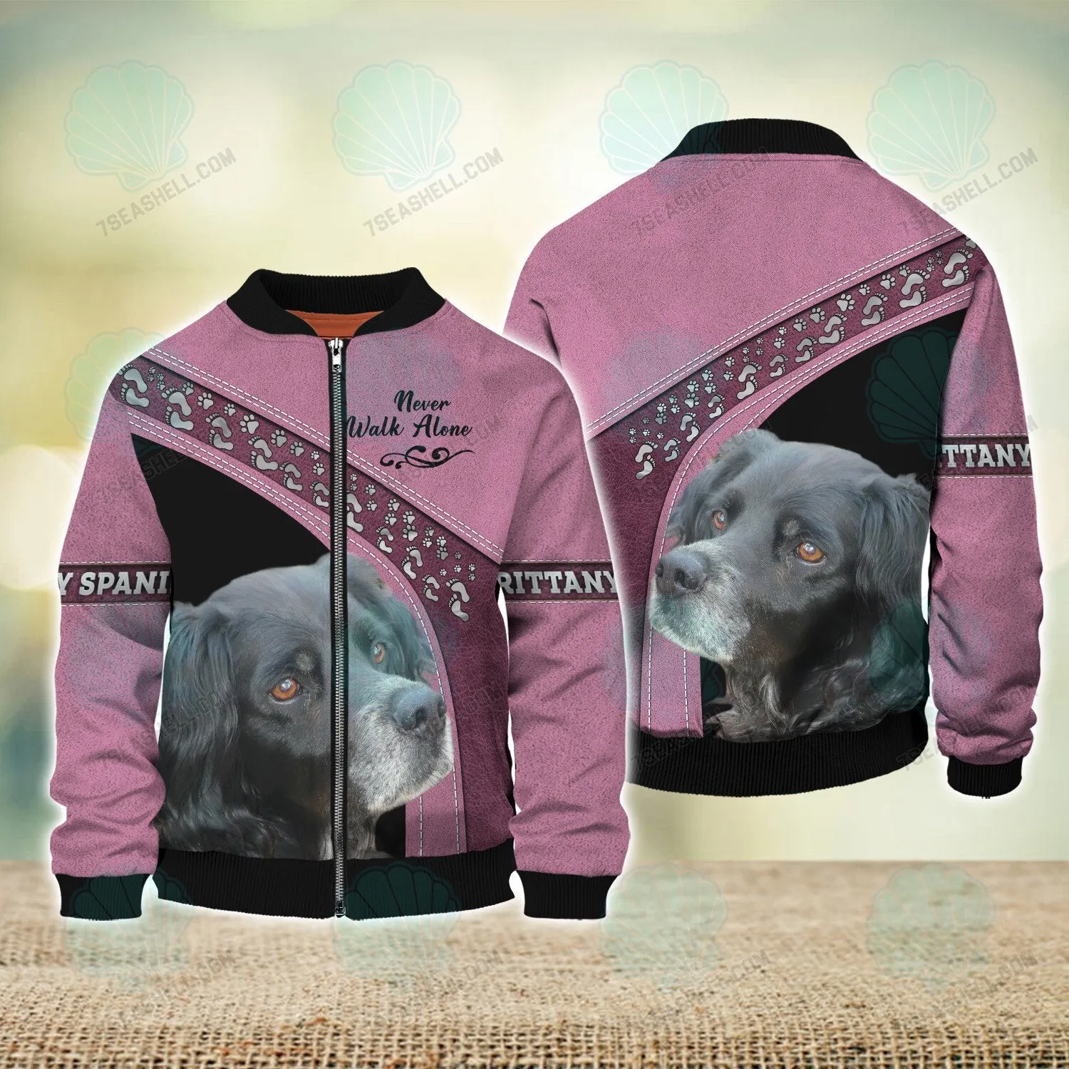 Brittany Spaniel Black Pink Love Never Walk Alone 3D Full Print Shirts, Dog Memorial Gifts for loss of Dog, Christmas Shirt for Dog Lovers