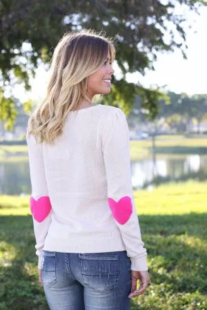 Cream Sweater With Heart Elbow Patches