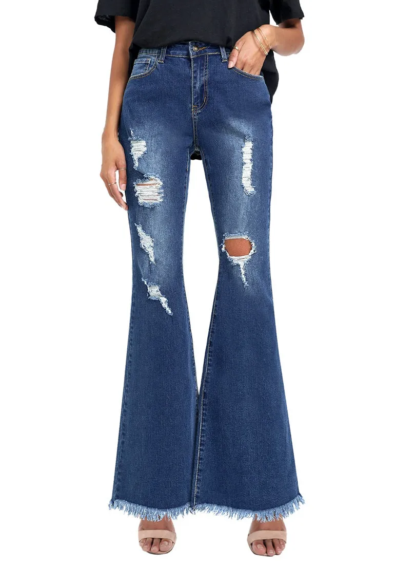 Deep Blue Ripped-Waist Rise Flared Denim Jeans