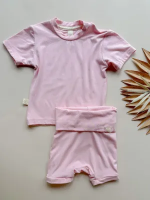 Fold Over Shorties And Short Sleeve Tee Set | Rose Pink | Luxury Bamboo