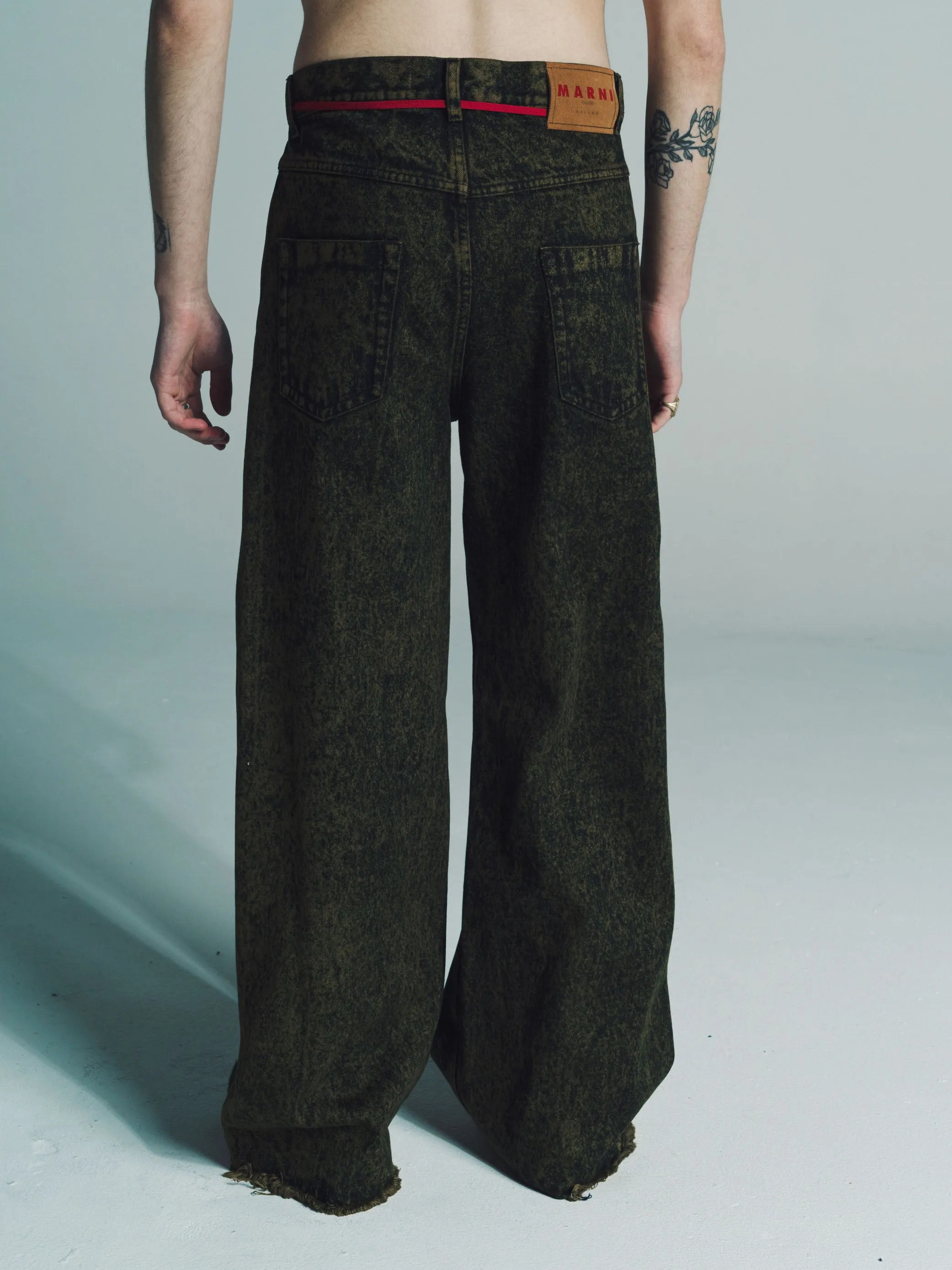 Green Marble-Dyed Denim Flared Jeans