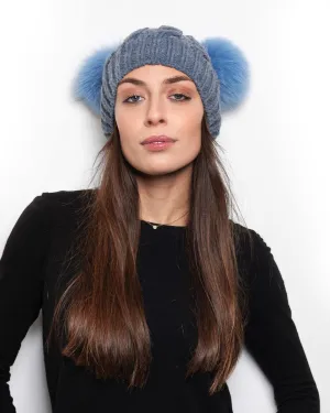 Hat with Double PomPon in Light Blue Fox