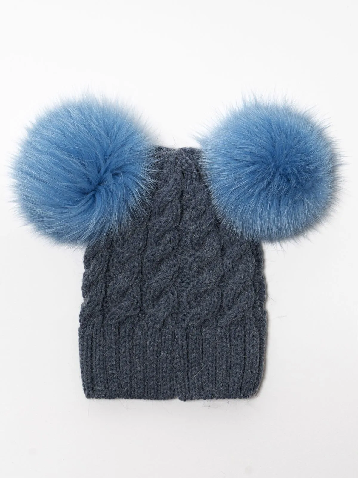 Hat with Double PomPon in Light Blue Fox