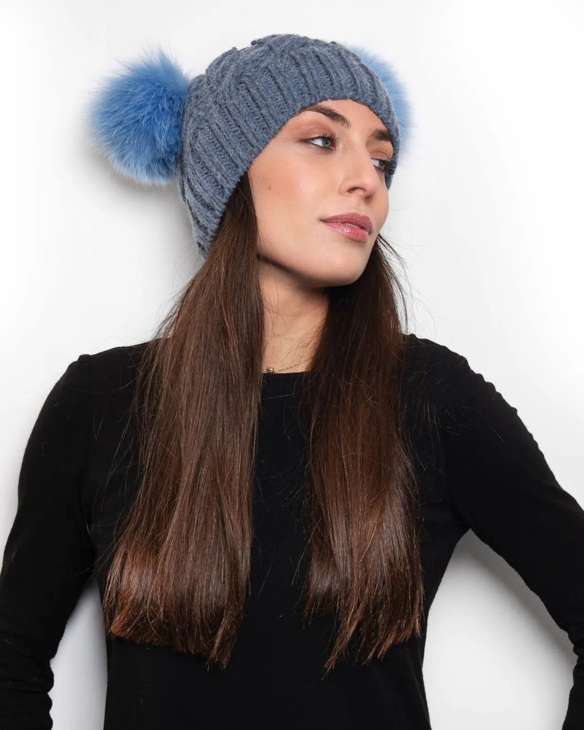 Hat with Double PomPon in Light Blue Fox