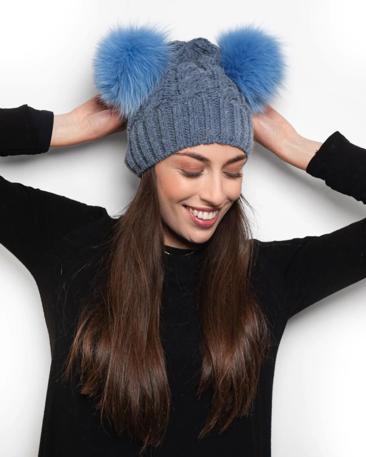 Hat with Double PomPon in Light Blue Fox