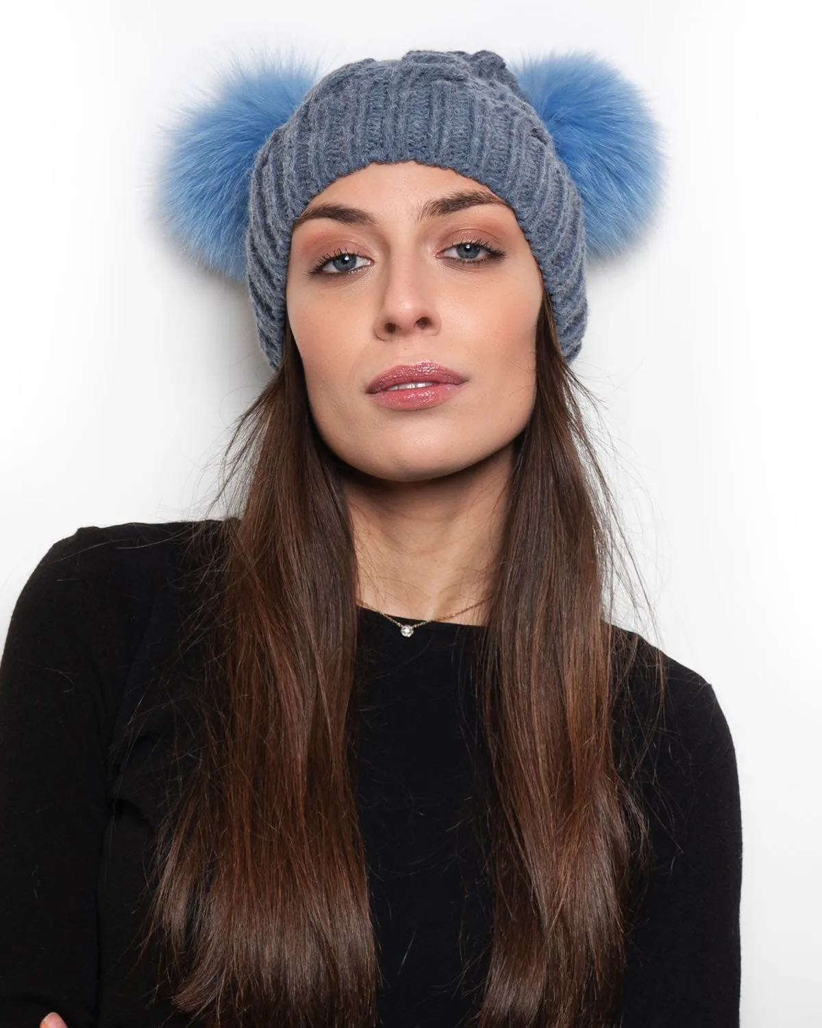 Hat with Double PomPon in Light Blue Fox