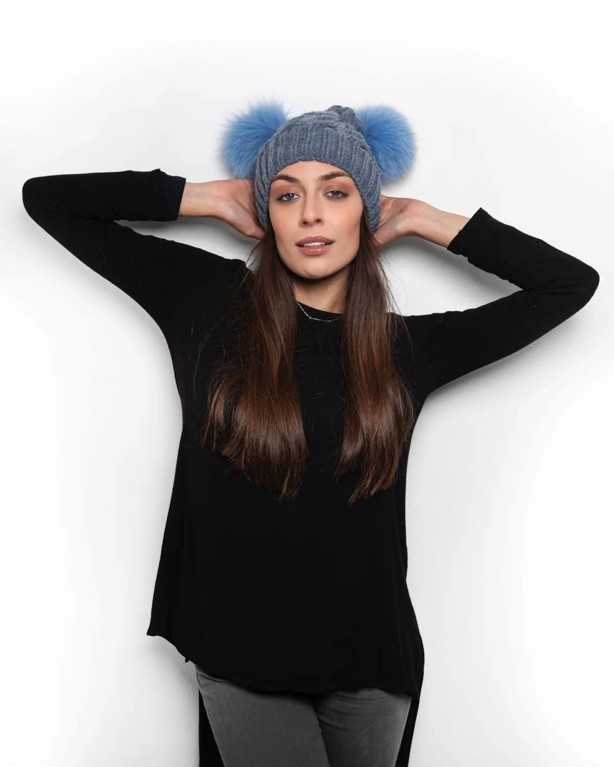 Hat with Double PomPon in Light Blue Fox