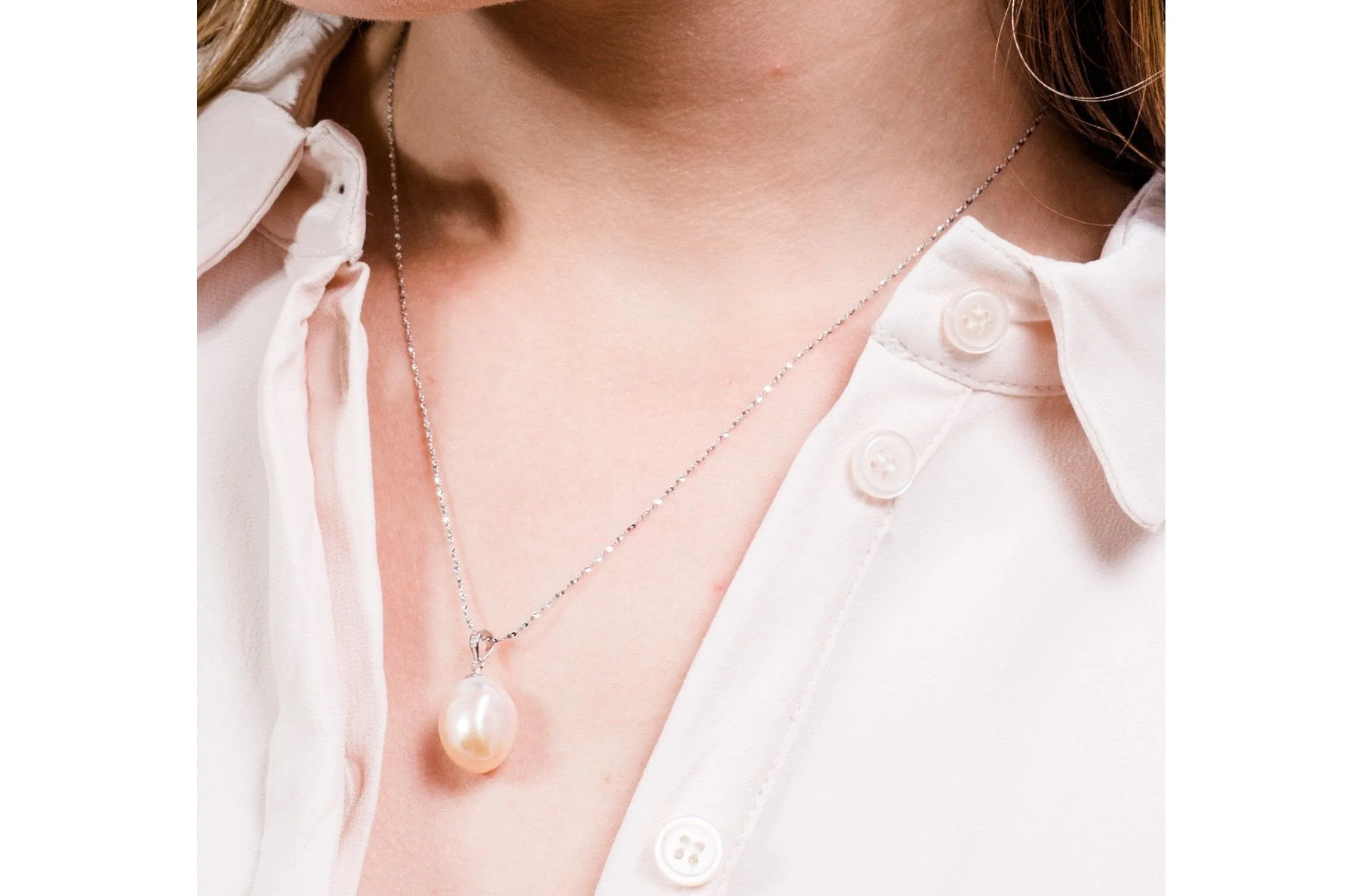 Irregular Peach Freshwater Pearl Pendant and Sterling Silver (925) Chain Necklace 13mm