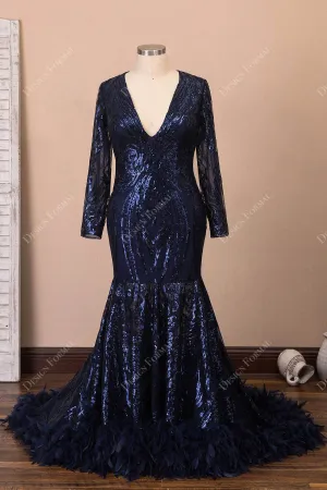 Navy Unique Sequin Long Sleeve Feather Mermaid Plus Size Prom Dress