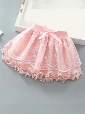 Peach Embroidered Three-layer Tutu Skirt