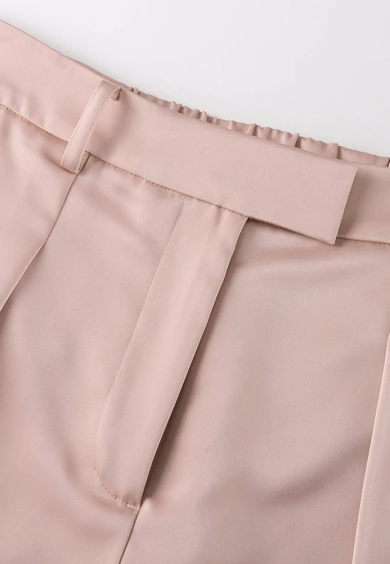 Pink Sheen Straight-leg Tailored Pants with Elastic Back