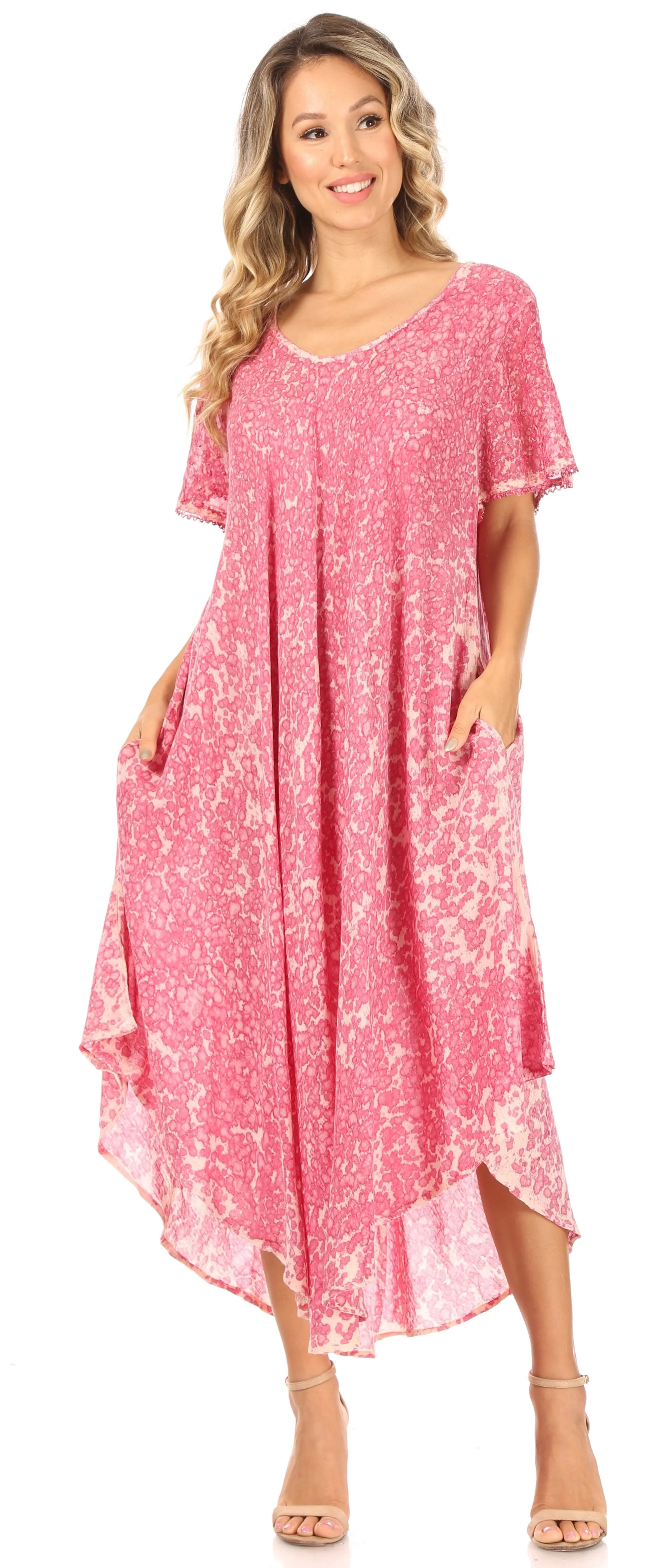 Sakkas Lila Freckled Dyed Cap Sleeve Scoopneck Long Caftan Dress / Cover Up