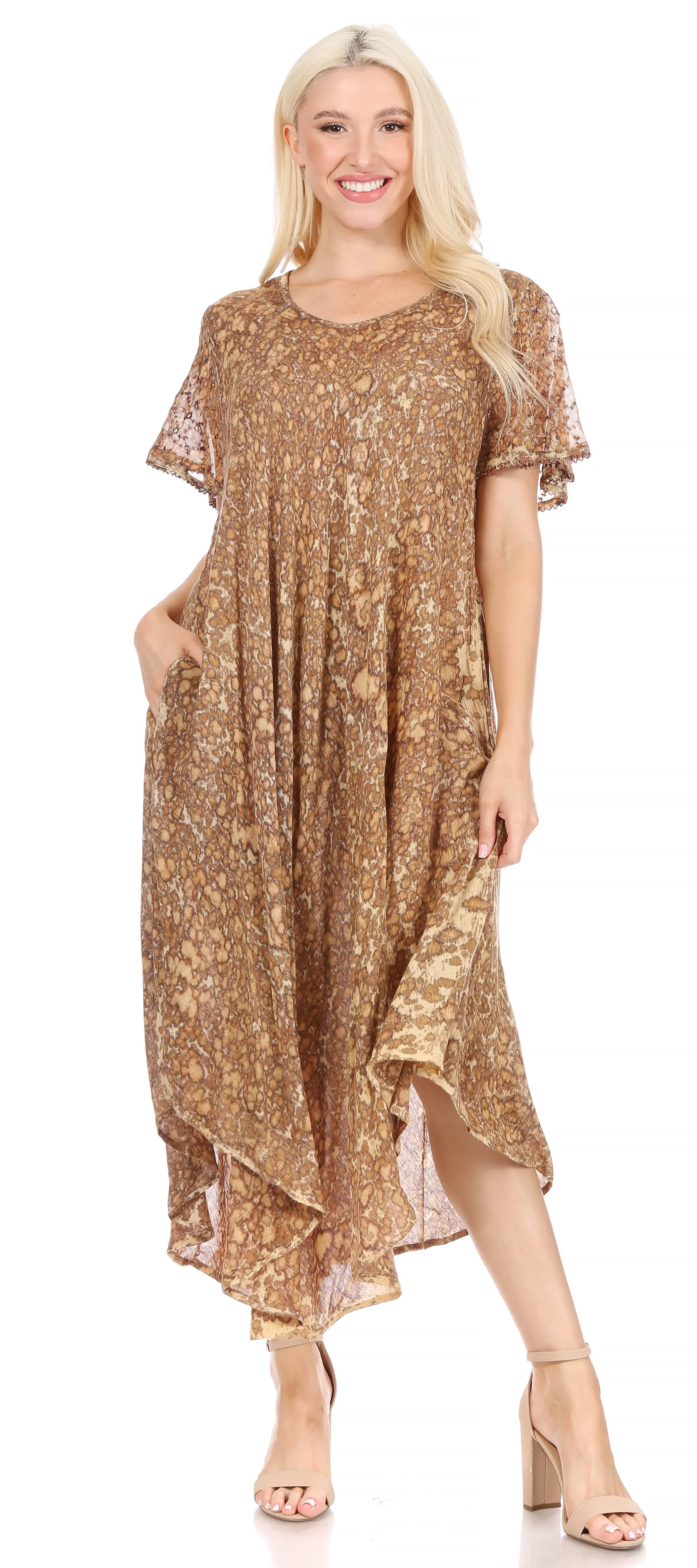 Sakkas Lila Freckled Dyed Cap Sleeve Scoopneck Long Caftan Dress / Cover Up