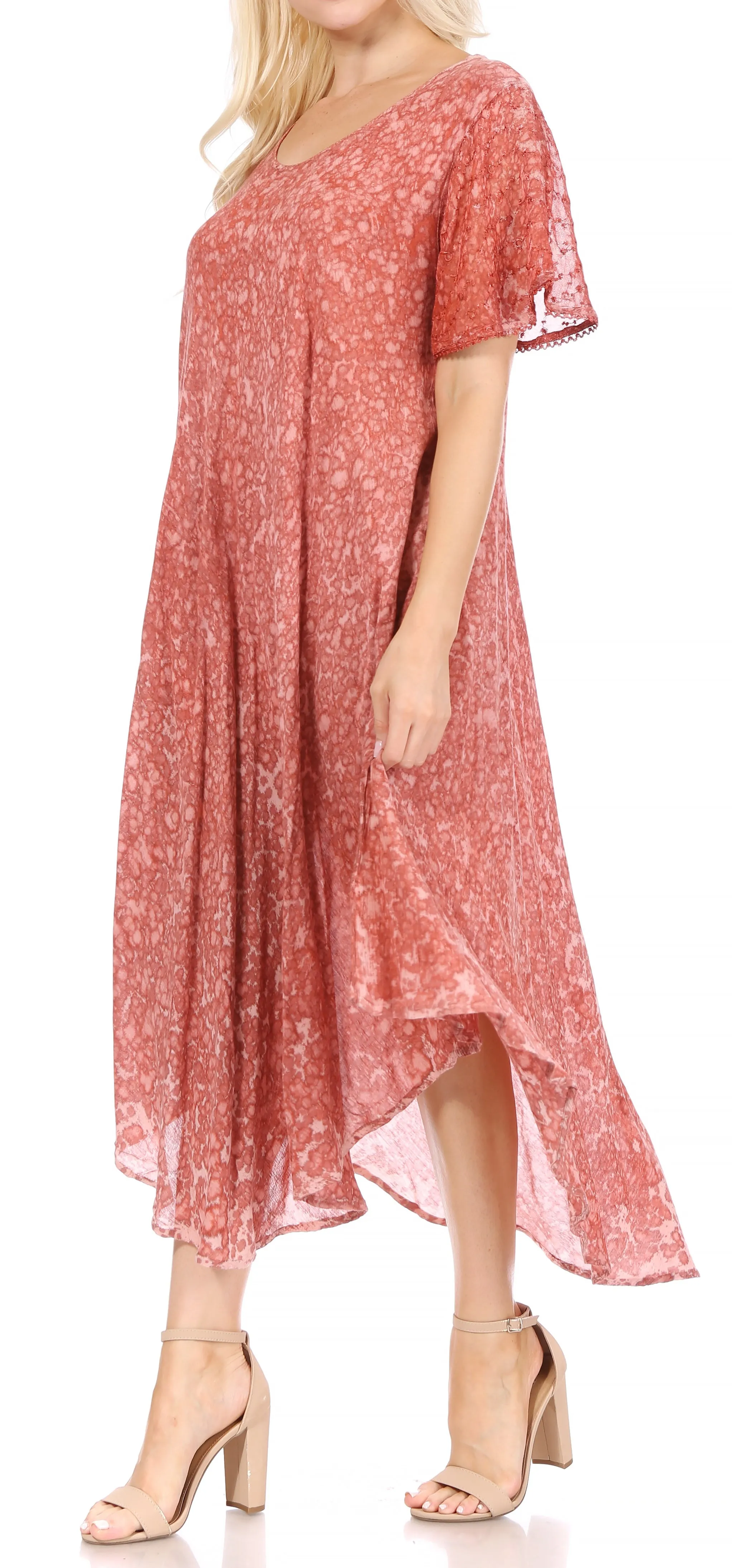 Sakkas Lila Freckled Dyed Cap Sleeve Scoopneck Long Caftan Dress / Cover Up