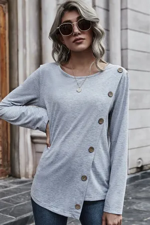 Solid-color Irregular Button Round Neck Top