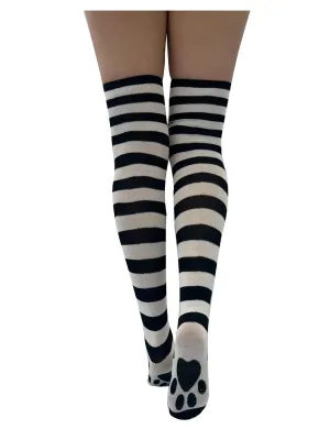 Striped Over the Knee Socks in White and Black - With Cat Paw