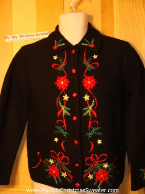 Tacky Ugly Christmas Sweater Wool with Poinsettias (f94)