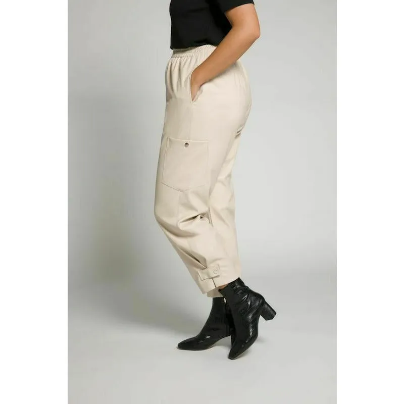 Ulla Popken Leather Look Cargo Pants in Beige