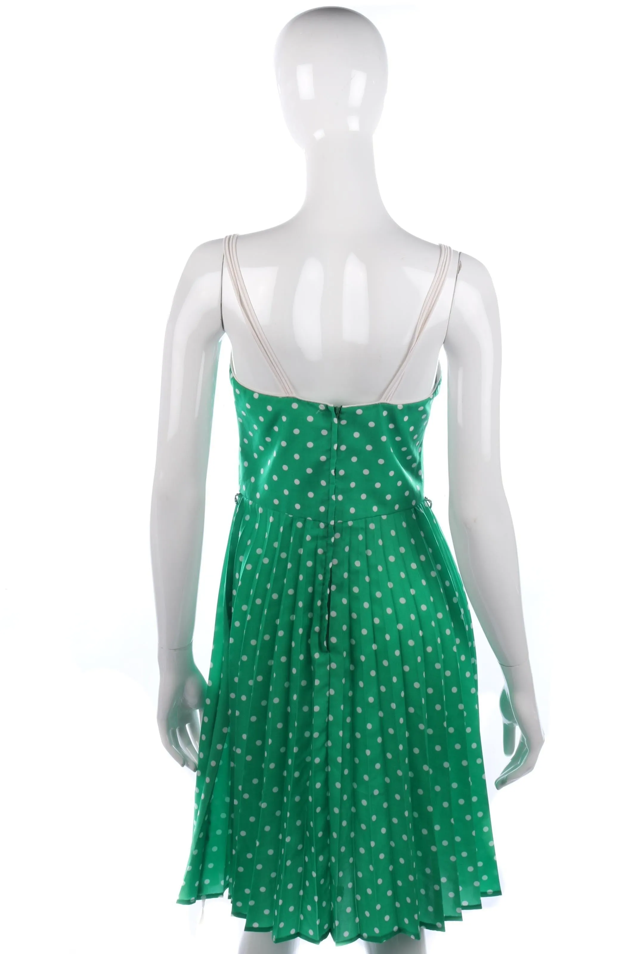 Vintage pleated 1970's green and white polkadot dress. UK size 8