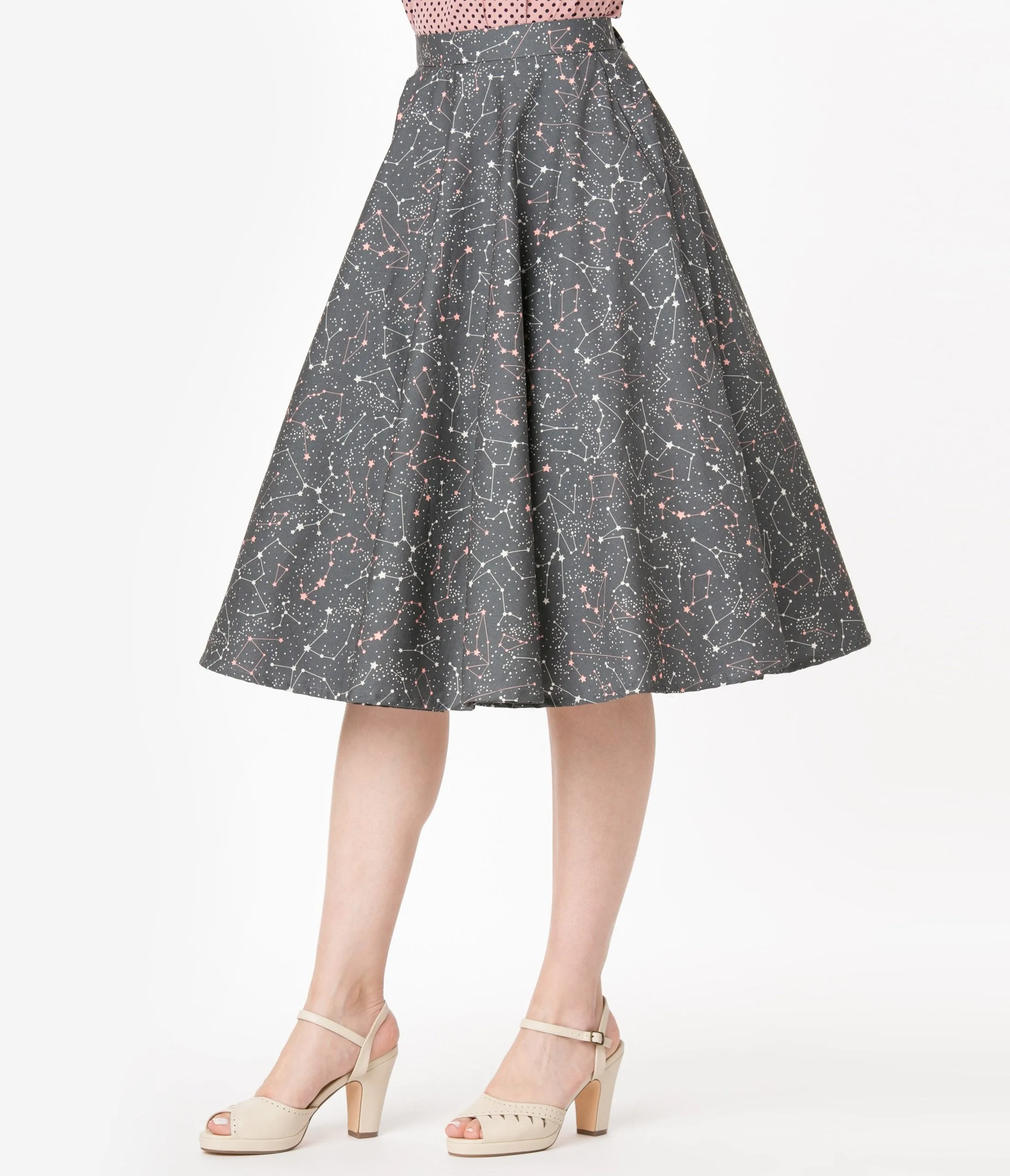 Vintage Style Grey Star Constellation Print Cotton Circle Skirt