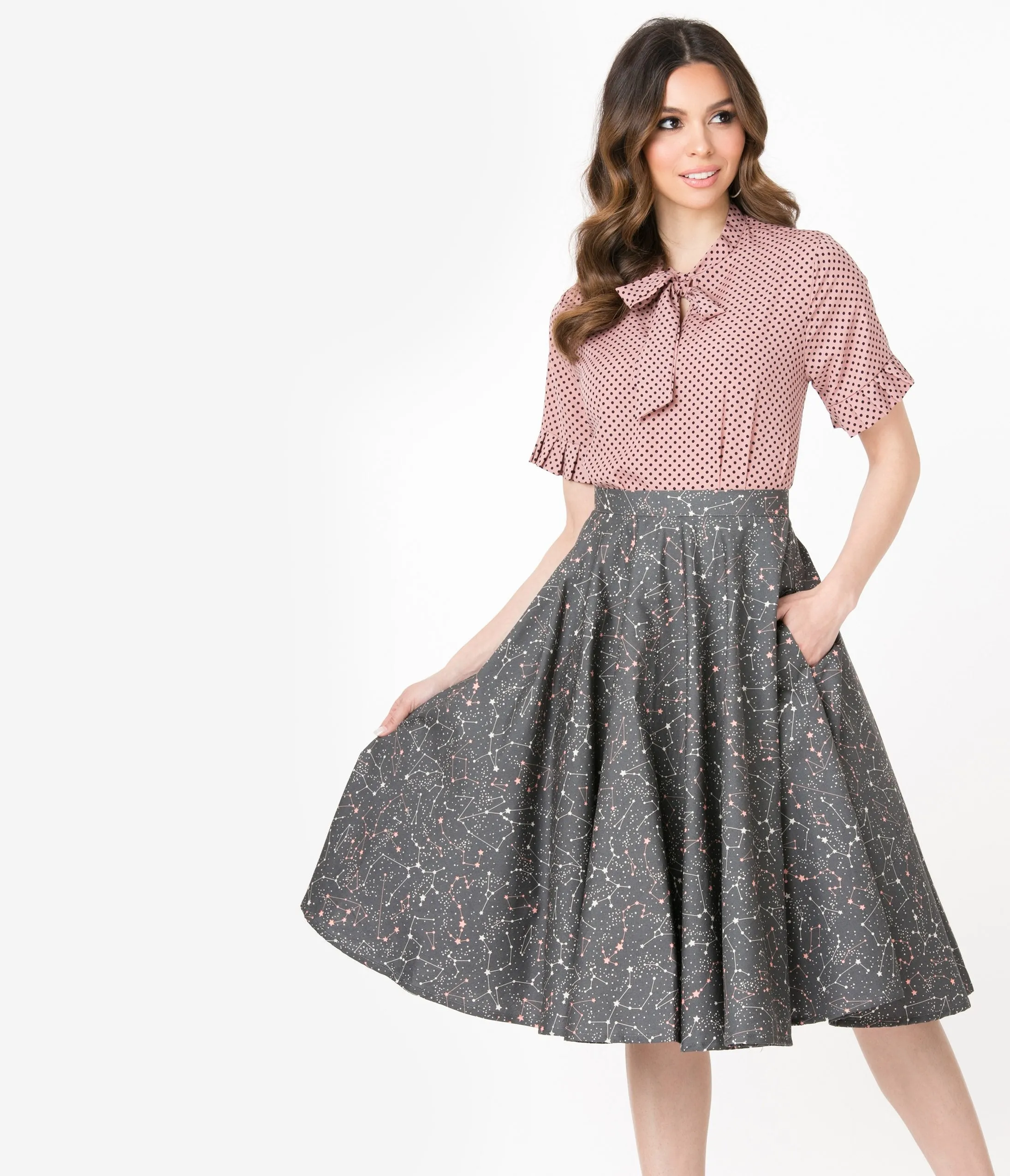 Vintage Style Grey Star Constellation Print Cotton Circle Skirt