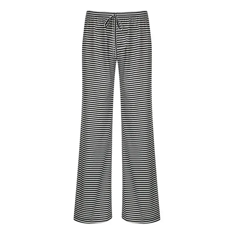 Women's Striped Print Trousers Y2K Fashion Casual Lace Up Home Straight  Wide-leg Pants